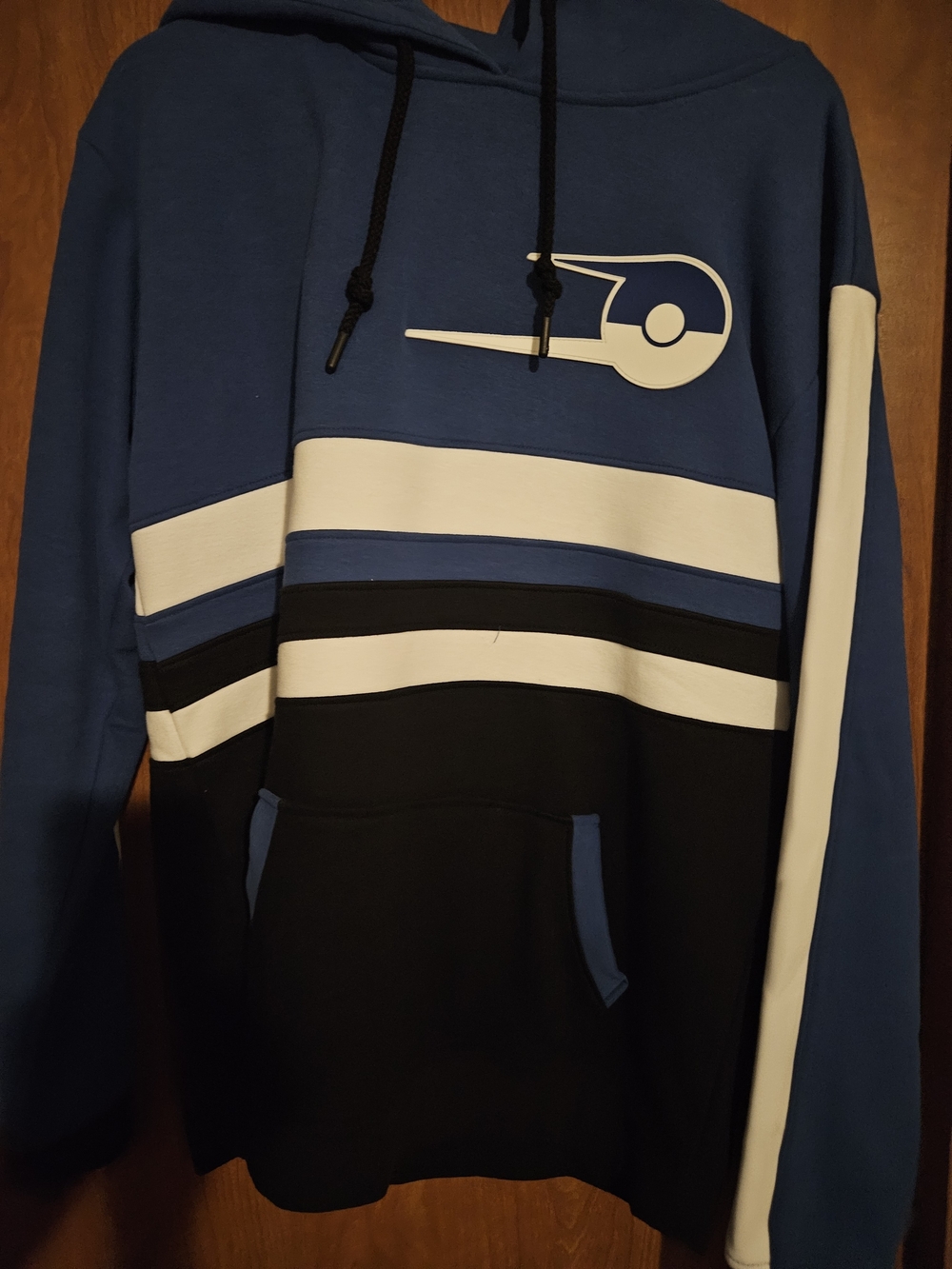 Pokemon Blue, Black & White Striped Pullover Hoodie